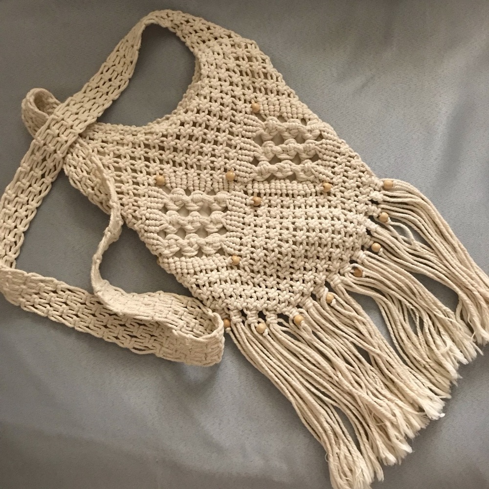 Vintage Cream Cotton Macrame Boho Bag - Picture 3 of 9